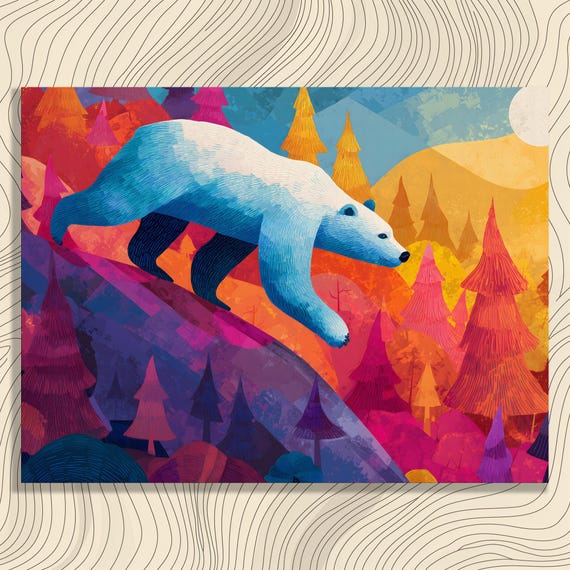 Colorful Polar Bear Canvas Wall Art Boho Wildlife Print Mountain Forest Landscape Modern Nature Illustration Sunlit Pine Trees Arctic Gift