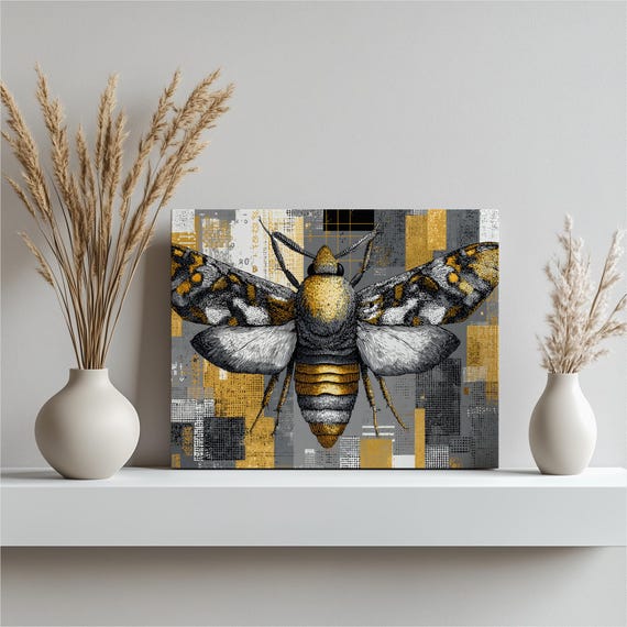 Moth Geometric Abstract Canvas Wall Art Line Engraving Insect Illustration Print In Black White Gold Modern Nature Decor Entomology Poster