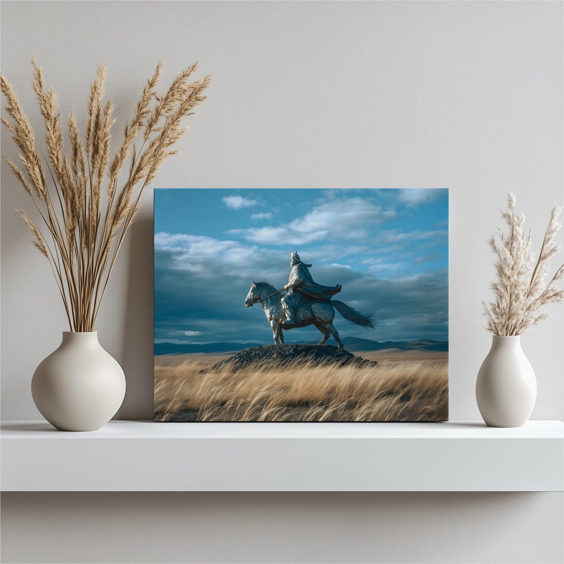 Warrior on Horseback Metal Statue Golden Steppe Grassland Art Poster