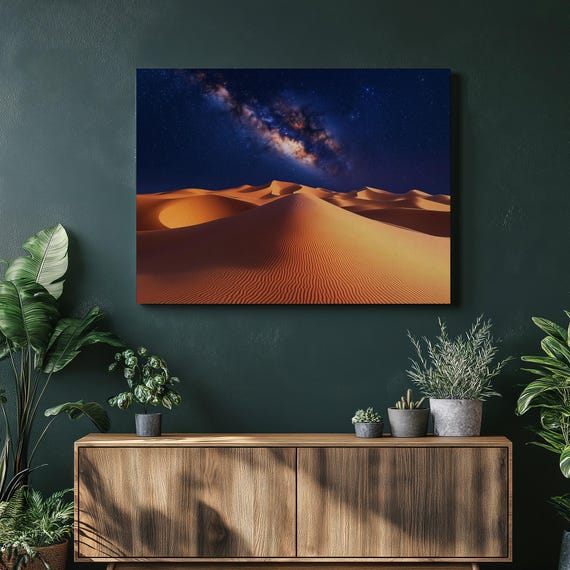 Milky Way Desert Night Poster Golden Sand Dunes Under Starry Cosmos