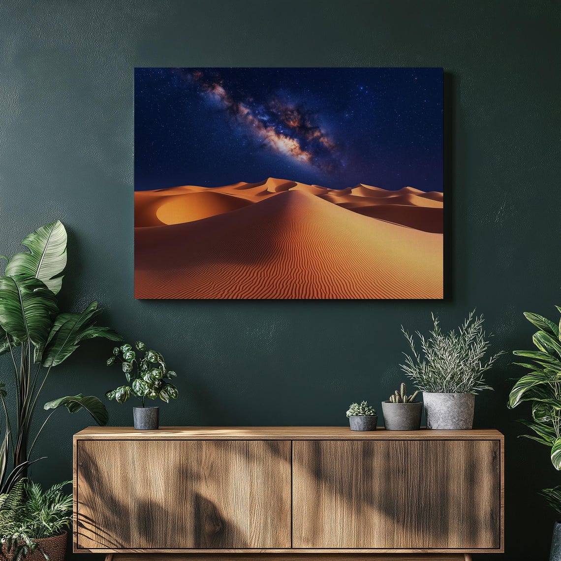 Milky Way Desert Night Poster Golden Sand Dunes Under Starry Cosmos