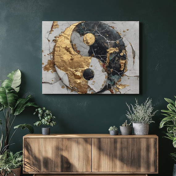 Yin Yang Balance Canvas Wall Art Gold Leaf Abstract Zen Decor Feng Shui Symbol Spiritual Print Modern Painting