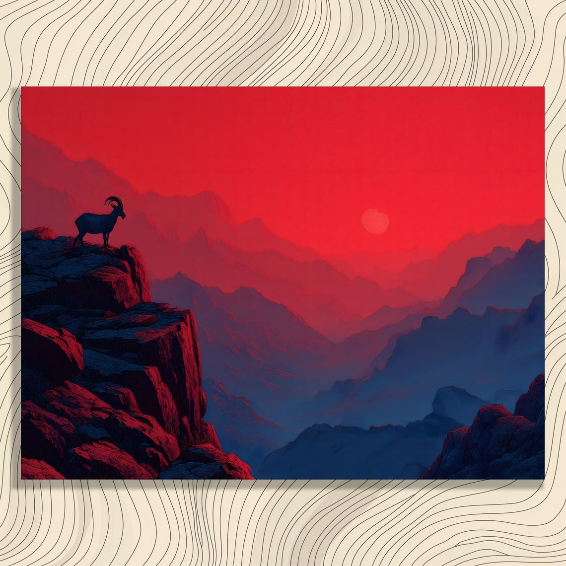 Wild Mountain Goat Cliff Silhouette Red Sunset Landscape Poster