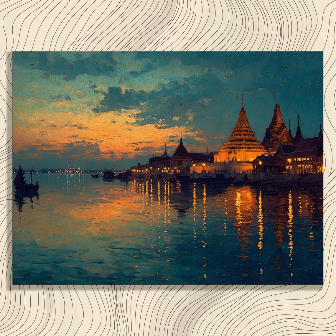 Golden Temple Riverside Sunset Impressionist Painting Poster