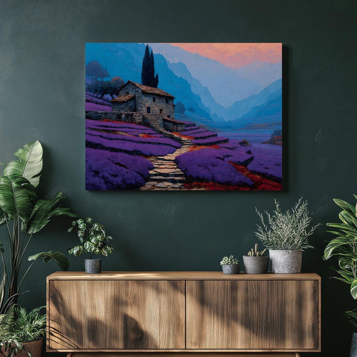 Stone Cottage Lavender Field Mountain Path Twilight Canvas Wall Art