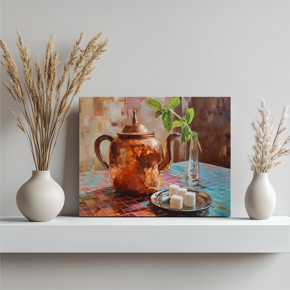Copper Teapot Mint Sugar Cubes Still Life Warm Kitchen Painting Poster