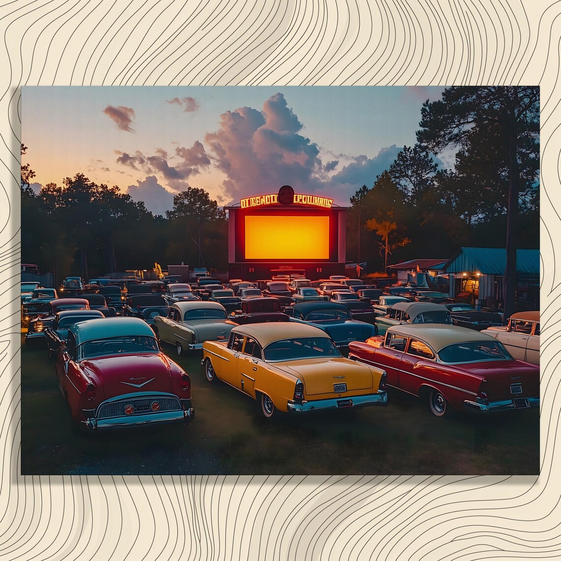 Drive In Movie Theater Sunset Vintage Cars Classic Americana Poster