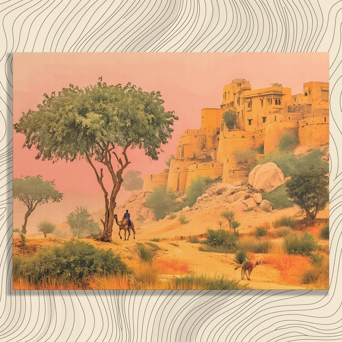 Desert Camel Ancient Hilltop Fort Golden Dusk Landscape Poster
