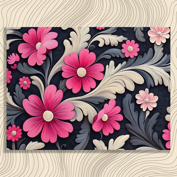 Vibrant Pink Flowers Black Background Modern Floral Art Poster