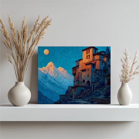 Himalayan Mountain Village Canvas Wall Art Landscape Painting Decor Full Moon Night Sky Print Rustic Stone Cabin