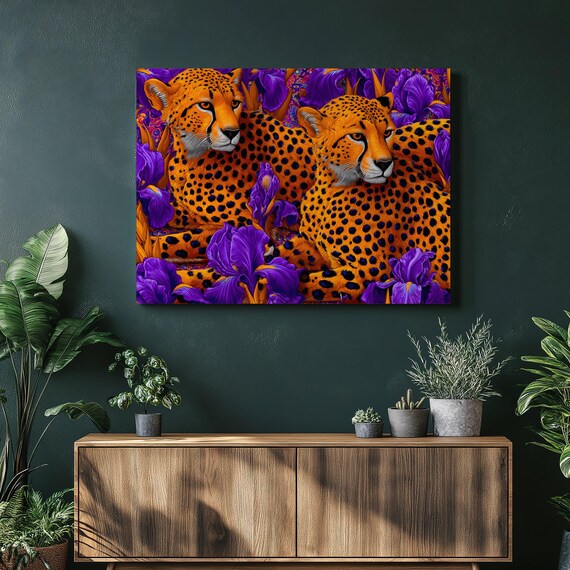 Cheetah Canvas Wall Art Exotic Wildlife Purple Iris Flowers Vibrant Orange Animal Print Large Jungle Home Decor Gift For Nature Lovers
