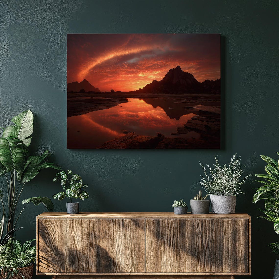 Fiery Desert Sunset Mountain Silhouette Reflection Canvas Poster