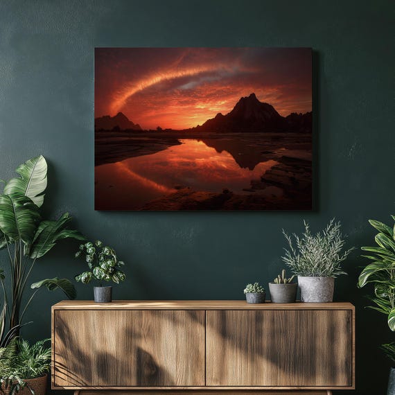 Dramatic Sunset Mountains Canvas Wall Art Red Sky Reflection Landscape Print Decor Modern Nature Photography Desert Painting Gift