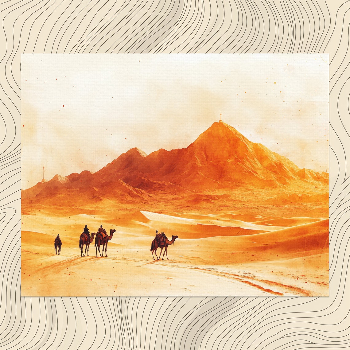 Camel Caravan Crossing Golden Desert Dunes Mountain Watercolor Poster