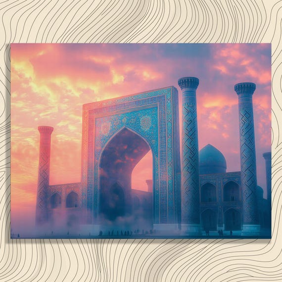 Ancient Mosque Canvas Wall Art Colorful Islamic Heritage Print Vibrant Sunset Architecture Decor Bohemian Artwork For Enthusiasts