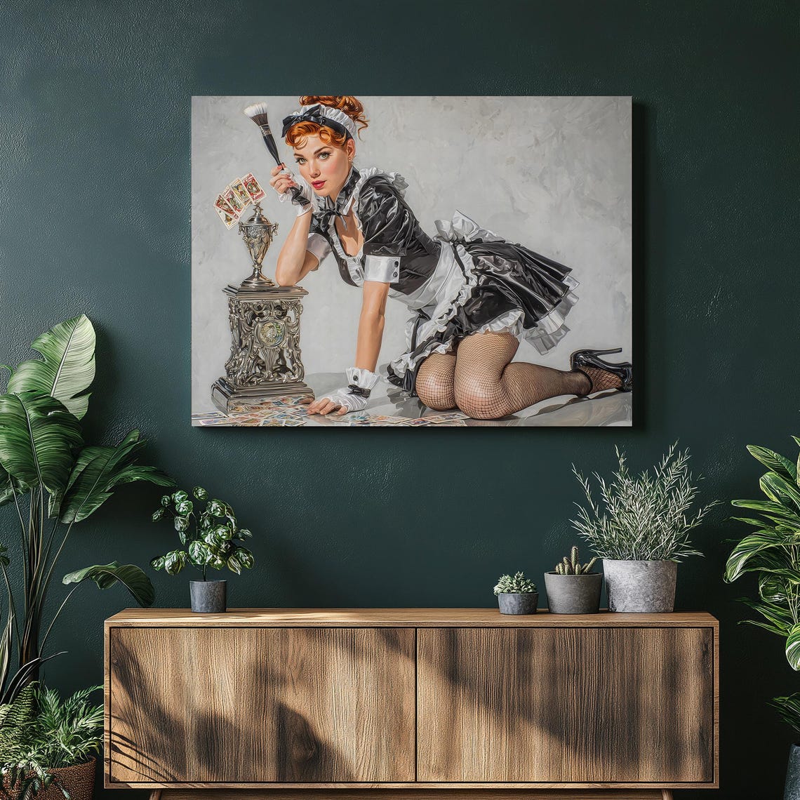 Retro Tarot Pinup Canvas Wall Art Glamorous Redhead Maid Fishnet Stockings Fortune Teller Vibe Mystical Decor Print