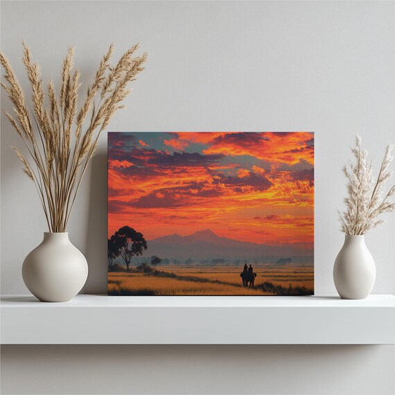Sunset Elephant Landscape Canvas Wall Art Vibrant Impressionist Print Painting Nature Decor Tropical Rice Field Gift