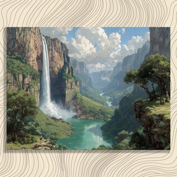 Waterfall Canyon Canvas Wall Art Forest Landscape Nature Decor Print Green Valley River Scenic Gift Jungle Scene Poster