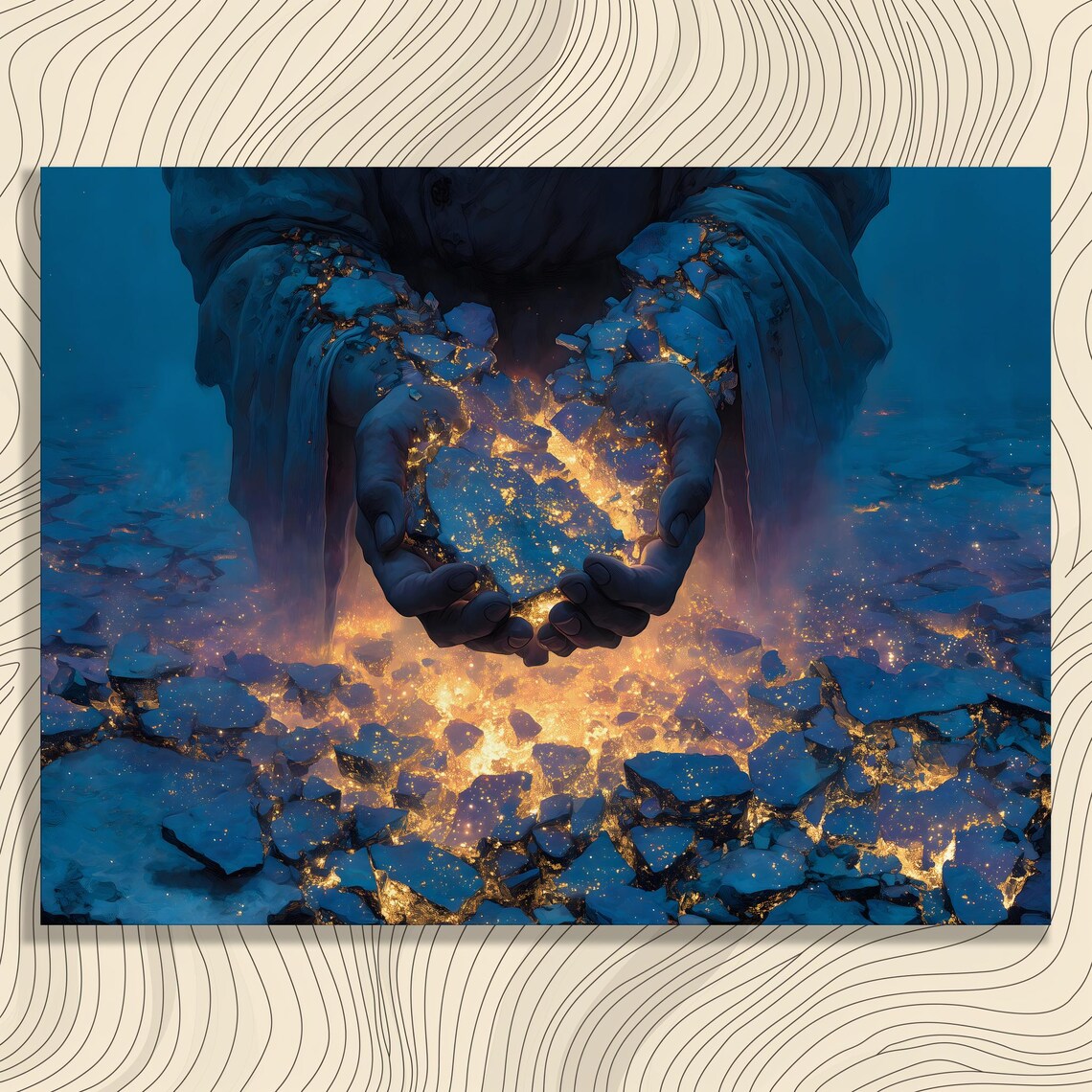 Mystical Glowing Golden Fragments Cupped Hands Surreal Art Poster