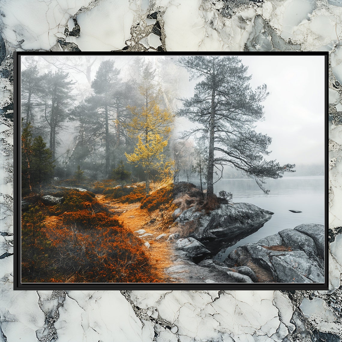 Misty Pine Forest Foggy Lake Rocky Shore Autumn Path Photo Poster