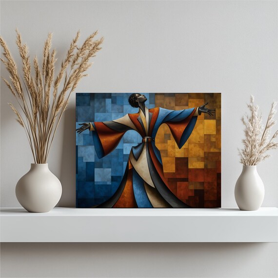 Abstract Dancer Geometric Canvas Wall Art Modern Mosaic Cubist Painting Print In Bold Blue Orange Color Blocks Contemporary Decor