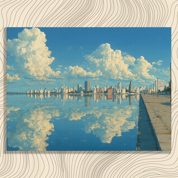 City Skyline Reflection Canvas Wall Art Urban Landscape Blue Decor Cityscape Print Water Cloudscape Painting