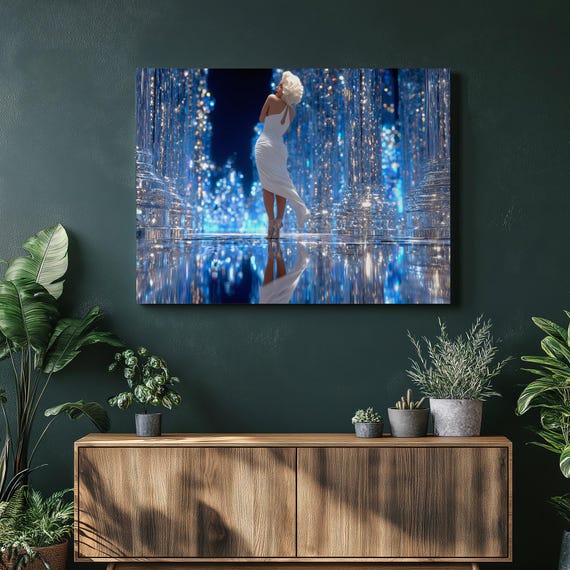Elegant Blonde Canvas Wall Art Shimmering Mirror Glow Fashion Fantasy Reflection Print Glamour Silhouette Dreamscape Illusion