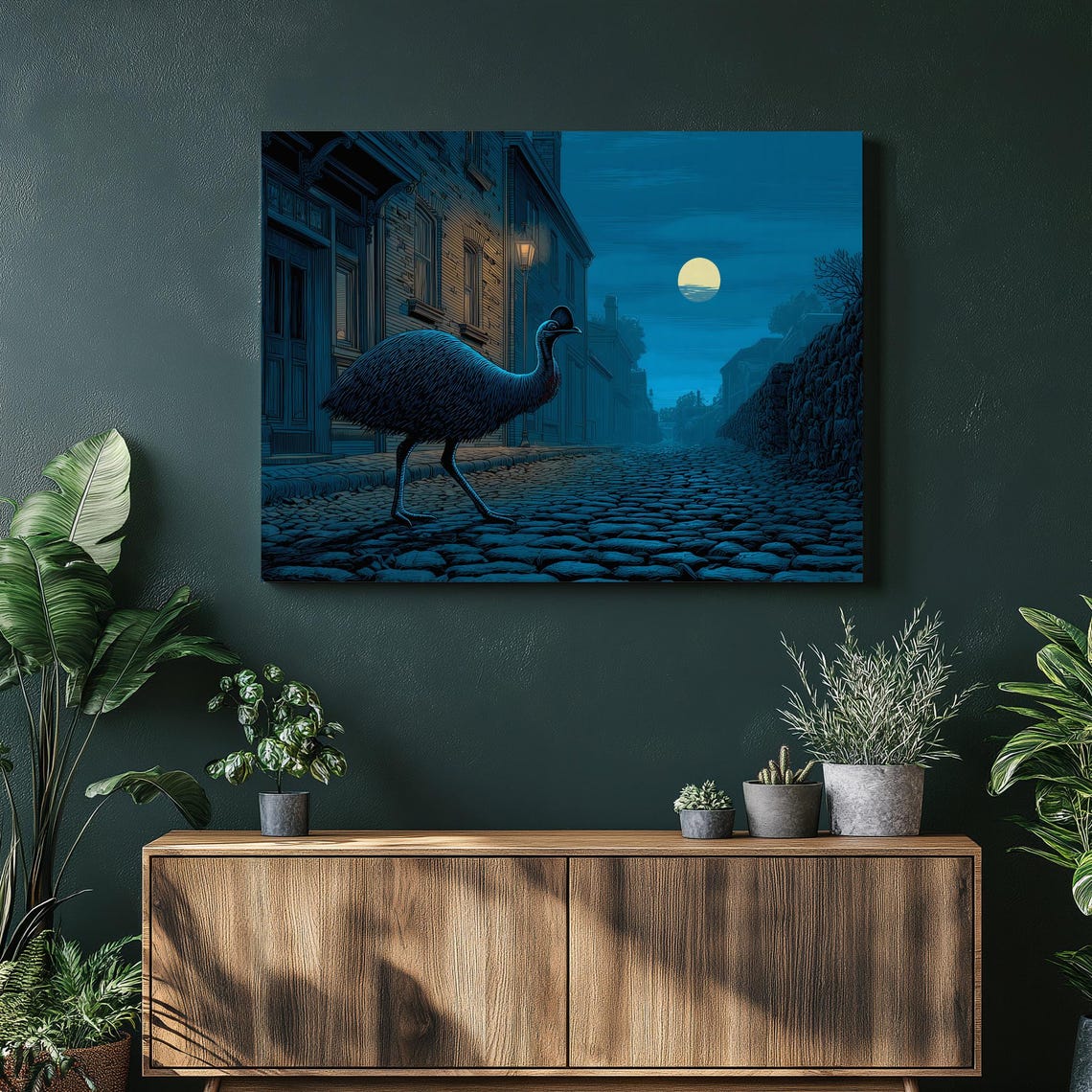 Emu Moonlit Street Canvas Wall Art Dark Gothic Night Scene Under Glowing Lamppost With Cobblestone Road Illustration Wildlife Decor Print