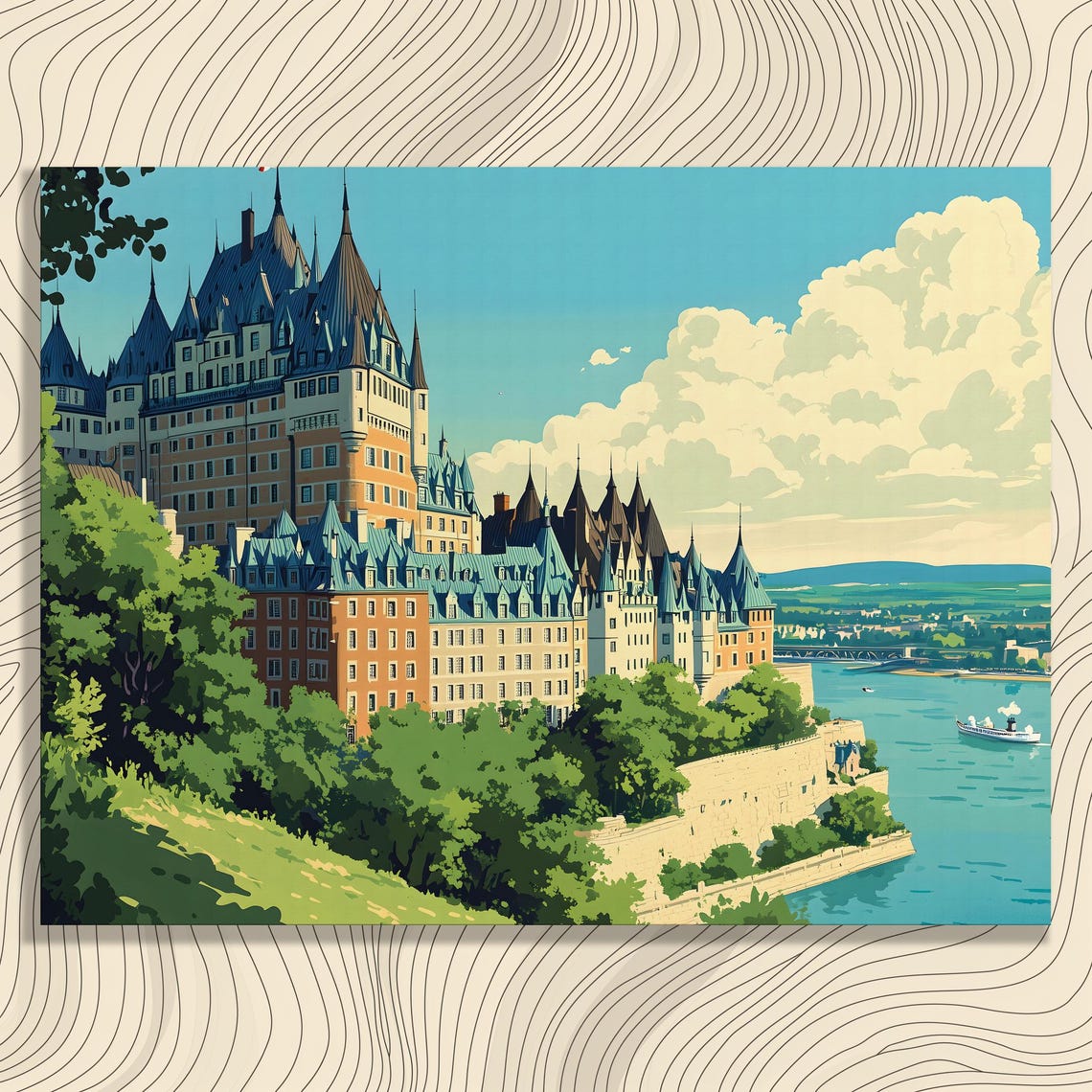 Chateau Frontenac Quebec Vintage Travel Illustration Riverside Poster