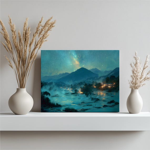 Starry Night River Poster Milky Way Over Mountain Landscape With Cabin Lights
