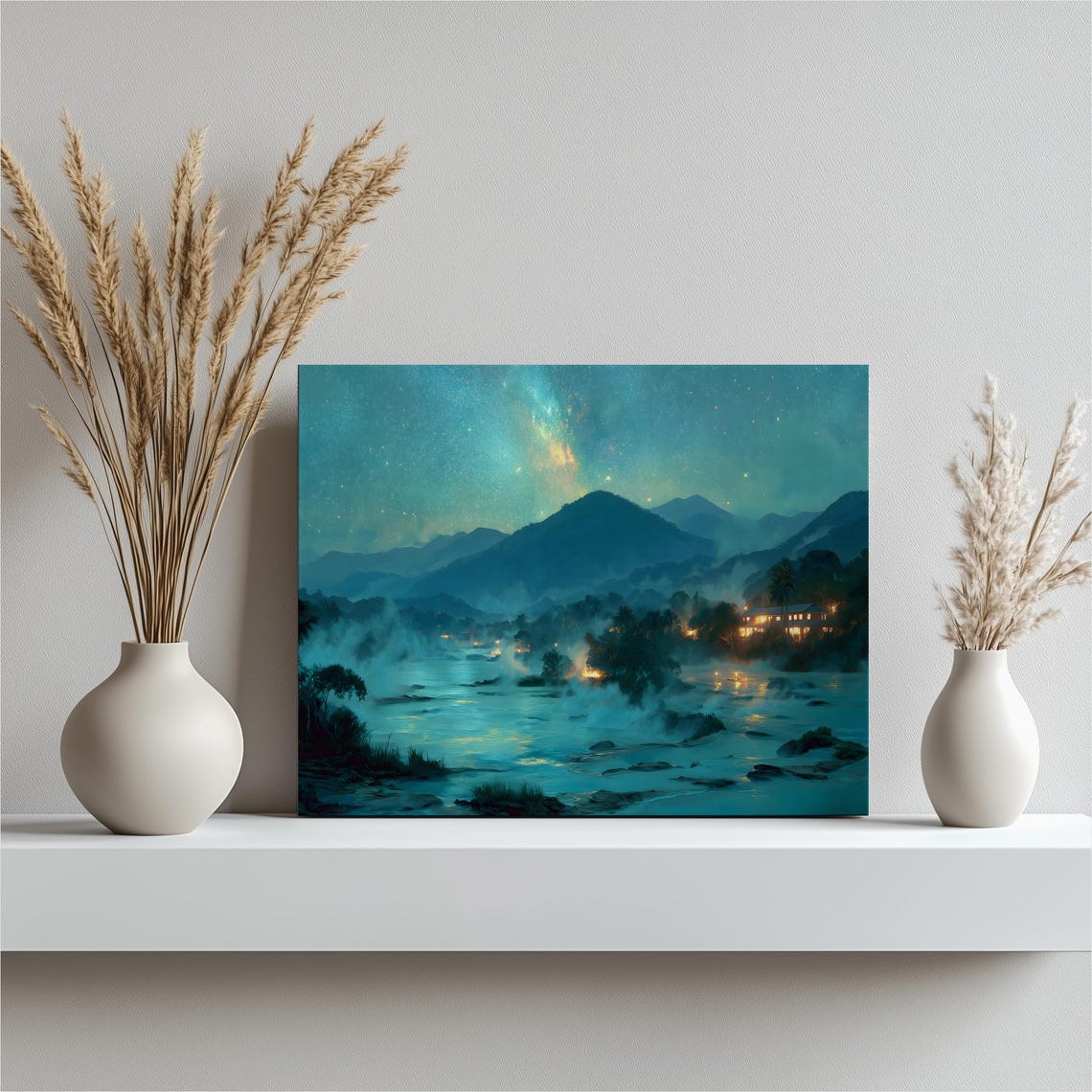 Starry Night River Poster Milky Way Over Mountain Landscape With Cabin Lights