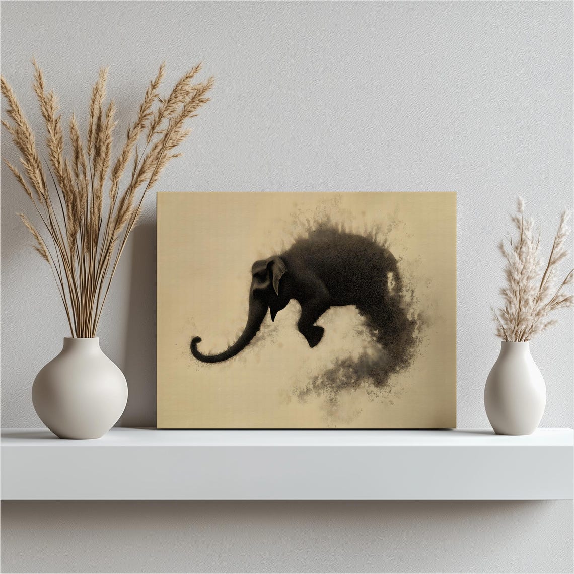 Abstract Elephant Canvas Wall Art Minimalist Pointillism Silhouette Neutral Beige Decor African Wildlife Print