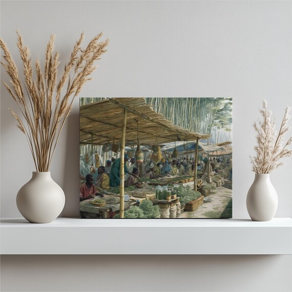 Bustling Bamboo Market Scene Tropical Produce Vendors Painting Art Print