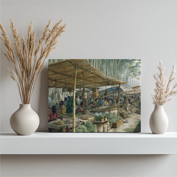 Open Air Market Canvas Wall Art Vintage Marketplace Scene With Wicker Baskets Fresh Produce Tropical Foliage Bamboo Structure Rustic Print