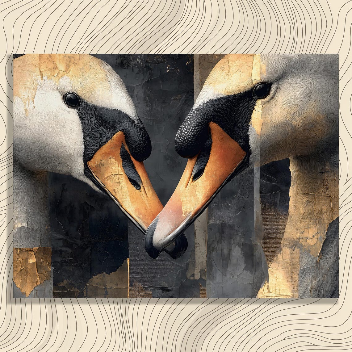 Two Swans Beak to Beak Textured Fine Art Romantic Bird Portrait Poster