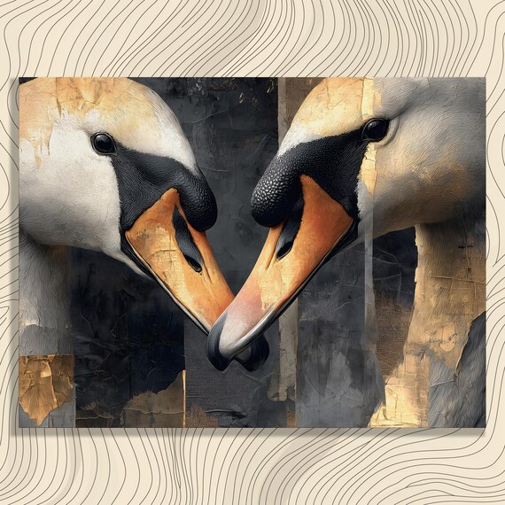 Abstract Swan Canvas Wall Art Modern Gold Foil Textured Black And White Romantic Wildlife Print Nature Decor Neutral Gray Contemporary