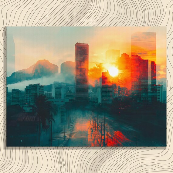 Vibrant Urban Sunset Canvas Wall Art Surreal City Skyline Print Modern Abstract Architecture Decor Gift For Artists And Travelers