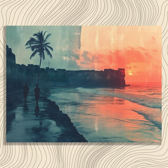Sunset Beach Seaside Fortress Palm Silhouette Teal Orange Wall Art
