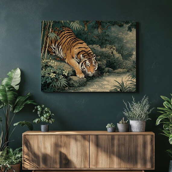 Tiger Jungle Canvas Wall Art Bamboo Forest Wildlife Decor Woodblock Style Asian Inspired Traditional Print Stream Landscape Foliage Colors