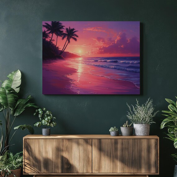 Tropical Sunset Beach Poster Pink Sky Over Palm Trees and Ocean Waves