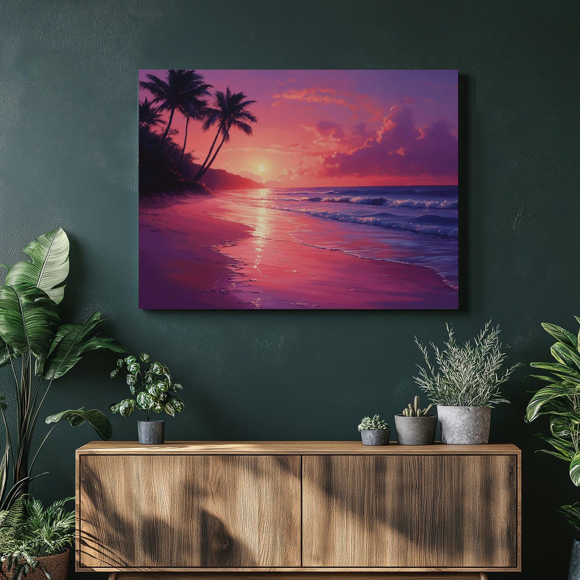 Tropical Sunset Beach Poster Pink Sky Over Palm Trees and Ocean Waves