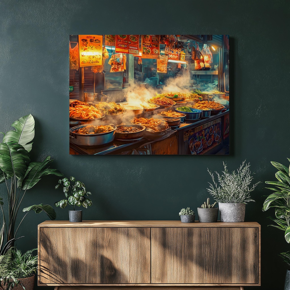 Thai Street Food Night Market Steaming Seafood Dishes Canvas Print