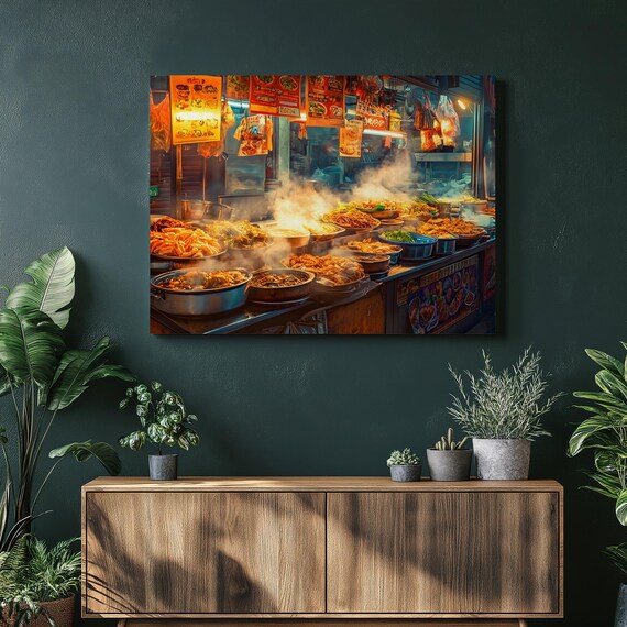 Thai Street Food Night Market Steaming Seafood Dishes Canvas Print
