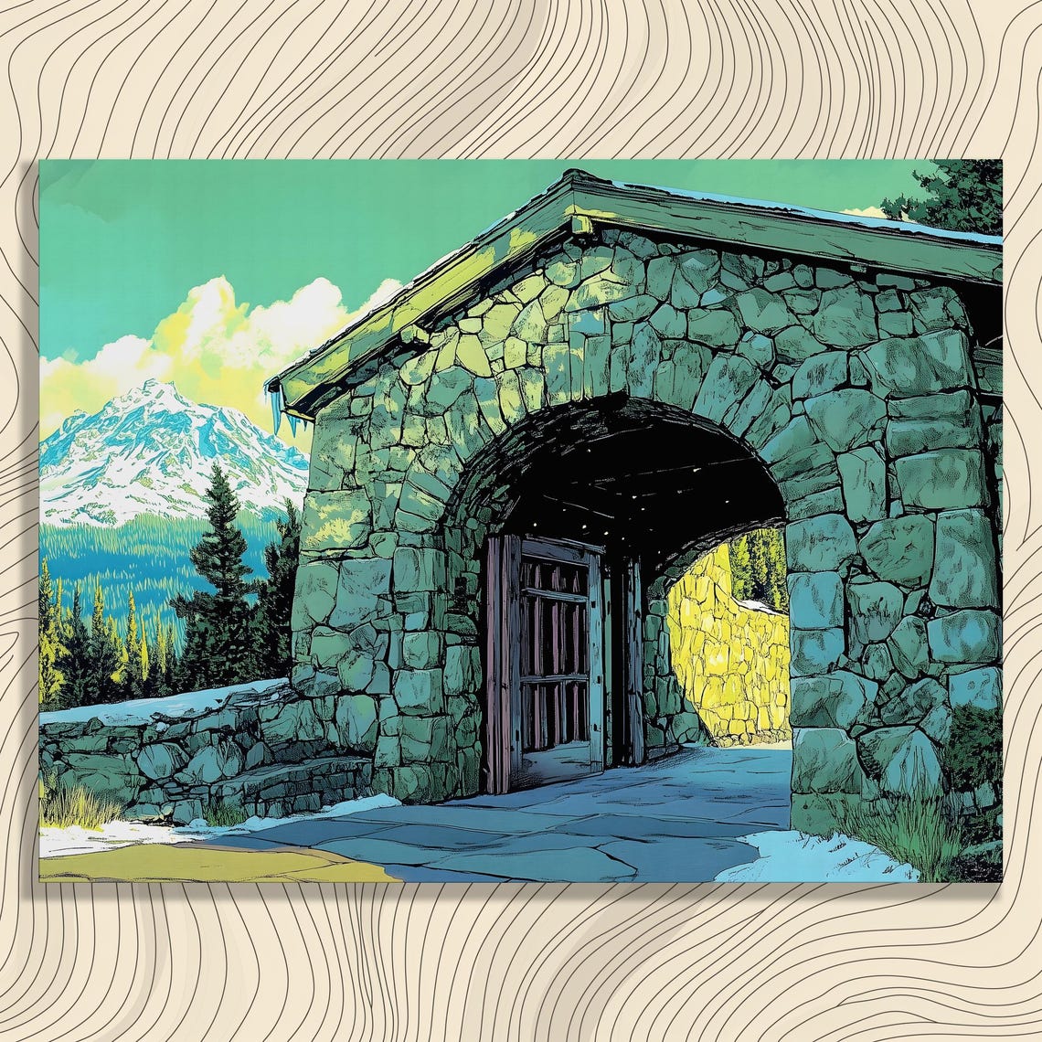 Stone Arch Alpine Mountain Lodge Snowy Peak Rustic Art Poster