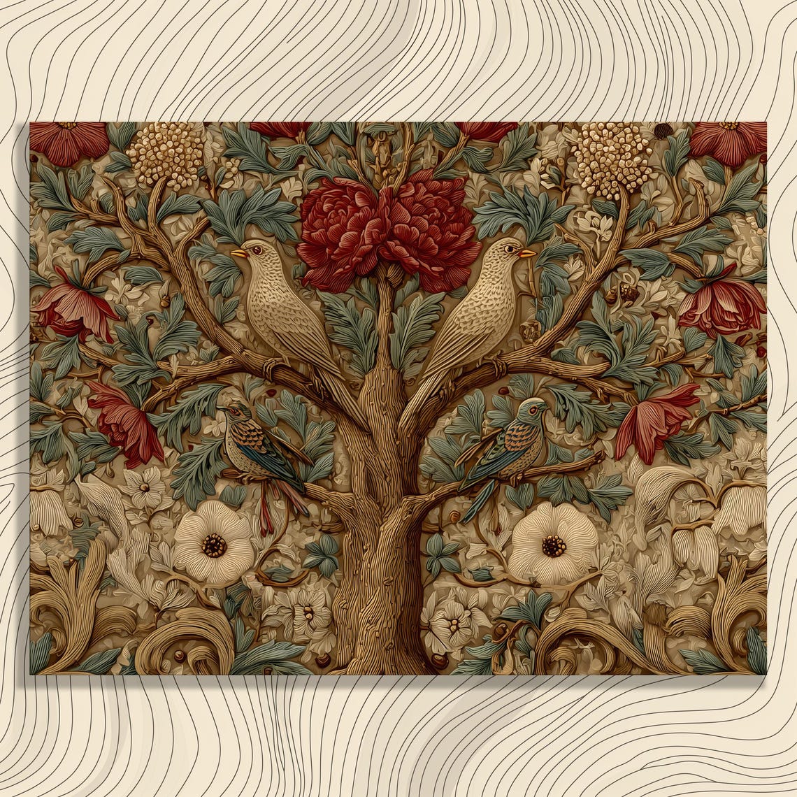 Tree of Life Birds Vintage Botanical Red Floral Ornate Wall Poster
