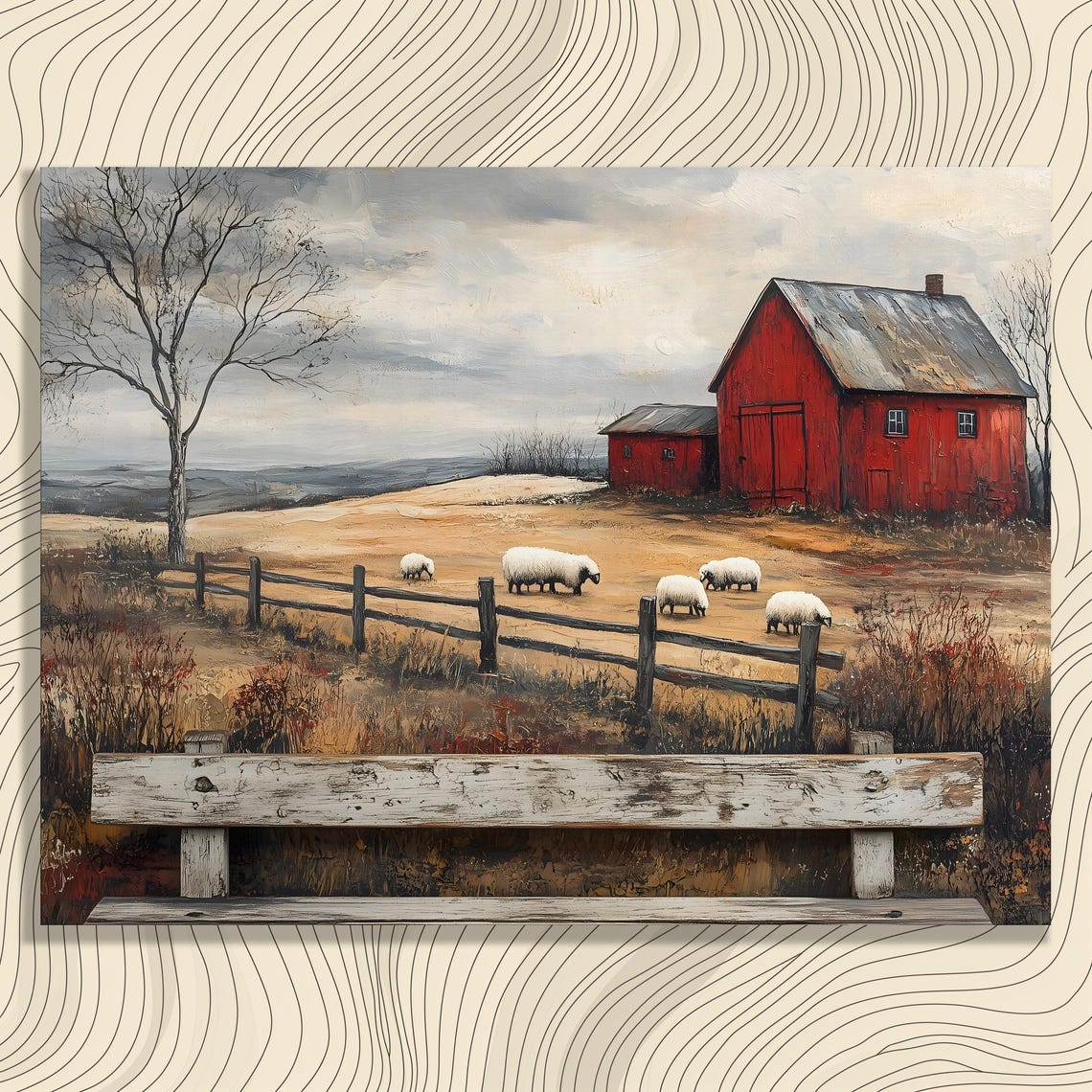 Rustic Red Barn Grazing Sheep Vintage Farm Landscape Wall Art