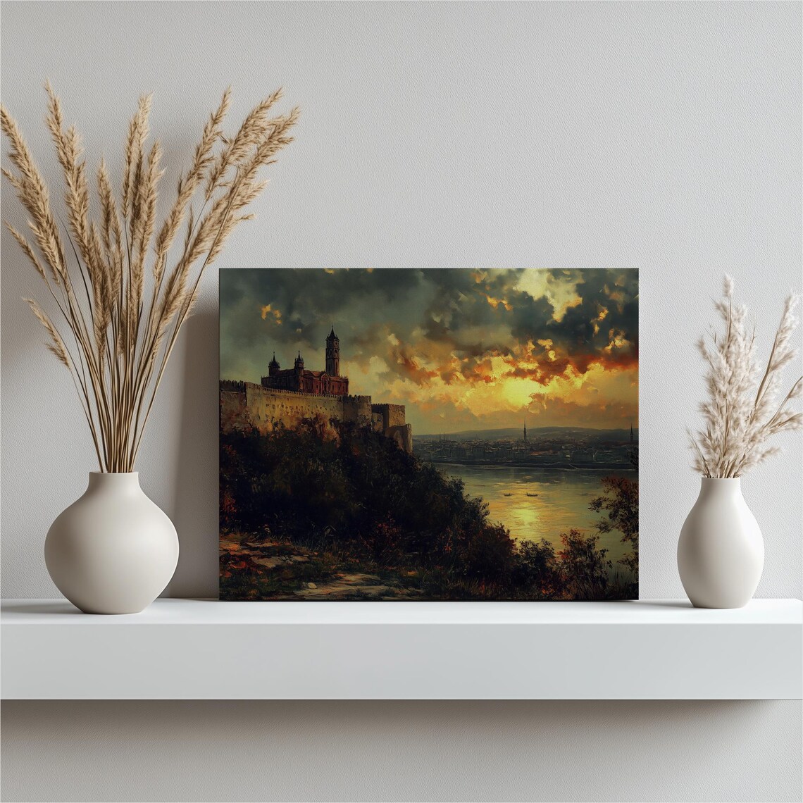 Historic Castle Above River At Golden Sunset Oil Painting Poster