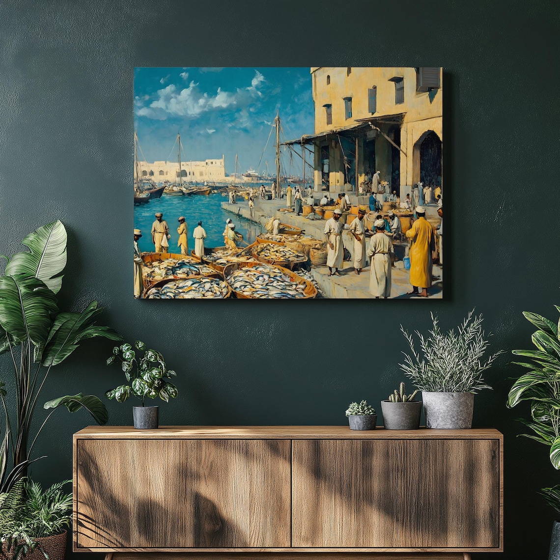 Coastal Fish Market Harbor Painting Boats and Fishermen Canvas Wall Art