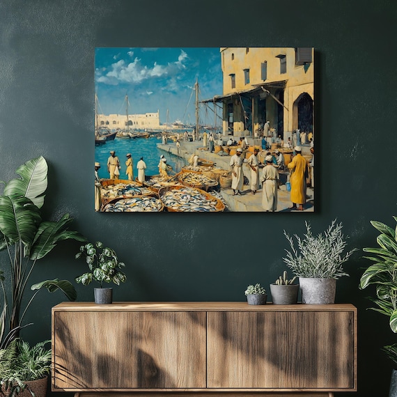 Coastal Fish Market Harbor Painting Boats and Fishermen Canvas Wall Art