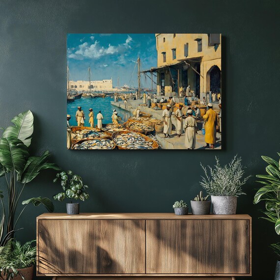 Pakistan Fish Market Canvas Wall Art Coastal Harbor Painting With Boats Baskets Of Fishermen Maritime Decor Vintage Port Print